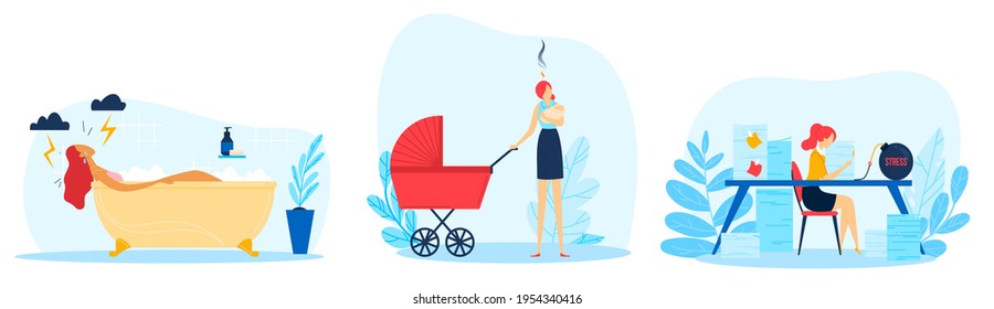 Work burnout stress, business work, office desk writing, girl fatigue concept, design, cartoon style vector illustration.