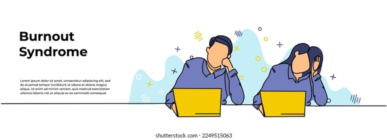 Work Burnout Syndrome Web Banner. Vector illustration of male and female workers looking limp at their desks. Modern flat in continuous line style.