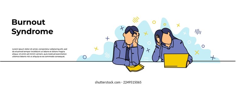 Work Burnout Syndrome Web Banner. Vector illustration of male and female workers looking limp at their desks. Modern flat in continuous line style.