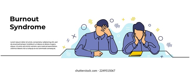 Work Burnout Syndrome Web Banner. Vector illustration of two male workers looking limp at their desks. Modern flat in continuous line style.