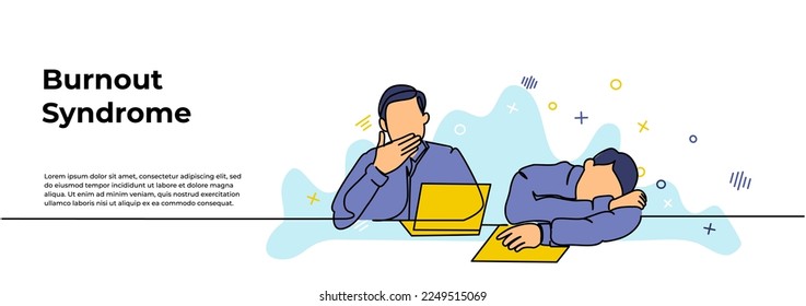 Work Burnout Syndrome Web Banner. Vector illustration of two male workers looking limp at their desks. Modern flat in continuous line style.