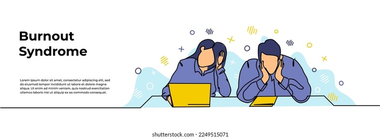 Work Burnout Syndrome Web Banner. Vector illustration of male and female workers looking limp at their desks. Modern flat in continuous line style.