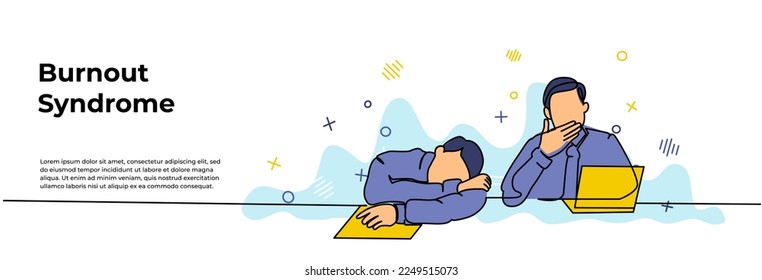 Work Burnout Syndrome Web Banner. Vector illustration of two male workers looking limp at their desks. Modern flat in continuous line style.