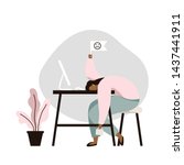Work burnout. Tired female worker sitting at the table. Long working day in the office. Mental health problem. Flat vector illustration.