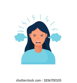 Work burnout. Tired female worker sitting at the table. Long working day in the office. Mental health problem. . Vector illustration