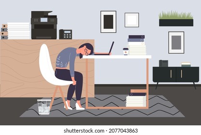 Work burnout of tired woman employee vector illustration. Cartoon exhausted sad person with fatigue sitting at desk with laptop in modern office interior. Procrastination, working overload concept