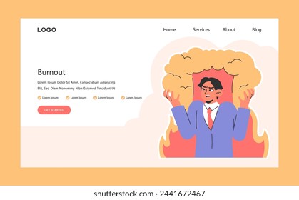 Banner web o página de aterrizaje de desgaste laboral. Hombre angustiado abrumado por emoción ardiente. Tensión mental. Exceso de trabajo, desequilibrio entre trabajo y vida, plazo de quema y estrés, presión laboral. Ilustración vectorial plana
