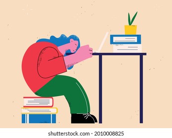 Work burnout, woman asleep, exhausted student, tired freelancer, business job overwhelmed employee, deadline concept flat vector illustration