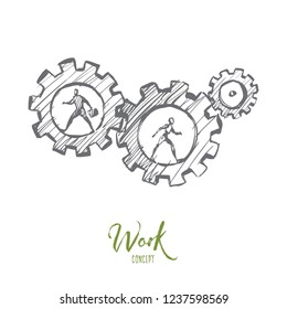 Work, business, automation, HCI, technology concept. Hand drawn human and robot in gears concept sketch. Isolated vector illustration.