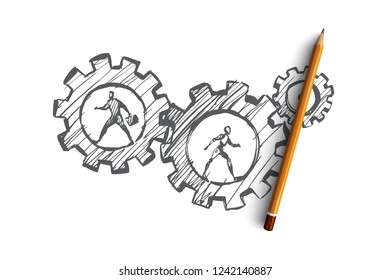 Work, business, automation, HCI, technology concept. Hand drawn human and robot in gears concept sketch. Isolated vector illustration.