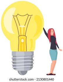 Work With Business Creative Plan. Lady Creates Idea Of New Project, Planning Startup. Happy Woman Standing Near Light Bulb Isolated On White Background. Light Bulb As Symbol Of Creative Idea