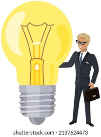 Work with business creative plan. Man creates idea of new project, planning startup. Businessman looking at light bulb and thinking about financial investment. Light bulb as symbol of creative idea