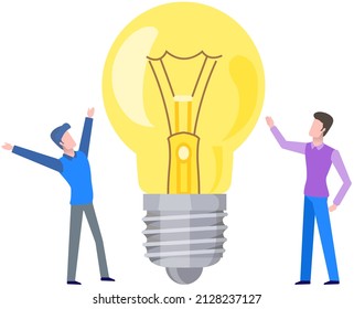 Work With Business Creative Plan. Teamwork With Idea Of New Project, Planning Startup. Happy People Standing Near Light Bulb Isolated On White Background. Light Bulb As Symbol Of Creative Idea