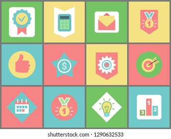 Work and business icons vector. Stamp and calculator, message and medal, thumb up and dollar sign, cogwheel and target, calendar and light bulb, pedestal