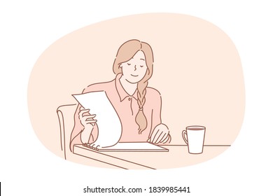 Work, business, management, analysis concept. Proffesional young businesswoman clerk manager accountant reads report searching documents contracts at office workplace.Financial research and paperwork.