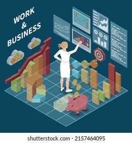 Work and business in metaverse isometric concept with woman surrounded by virtual charts and screens 3d vector illustration