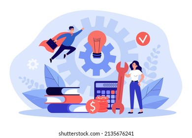 Work of business team on implementation and development of idea. Tiny woman standing with light bulb, gears flat vector illustration. Project concept for banner, website design or landing web page