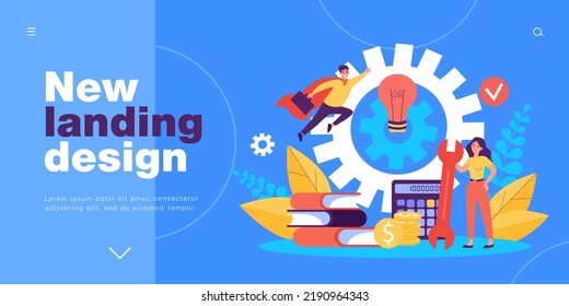 Arbeit des Geschäftsteams an der Umsetzung und Entwicklung von Ideen. Kleine Frau, die mit Glühbirne steht, Zahnräder mit flacher Vektorgrafik. Projektkonzept für Banner, Website-Design oder Landing-Webseite