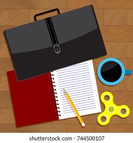 Work business top view. Vector work flow view, office table business with briefcase, spinner and notebook illustration