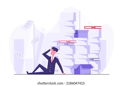 A lot of work. A businessman sits in a mountain of documents and doesn't know what to do