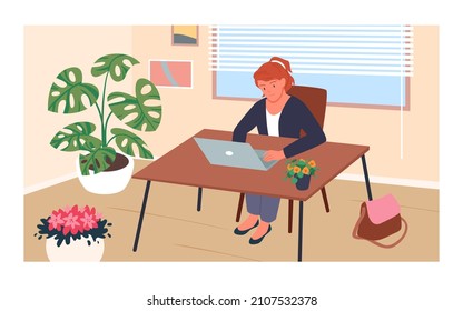 Work of businesswoman at office vector illustration. Cartoon busy woman sitting at table with laptop on modern workplace, professional employee working, corporate worker brainstorming background