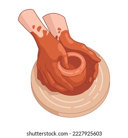 Trabajar a mano sobre ruedas de alfareros con arcilla roja. Formación de cerámica. Ilustración vectorial realista. Diseño para la enseñanza de escuelas de cerámica y estudio. Negocio artesanal y aficiones a la fabricación de macetas de arcilla