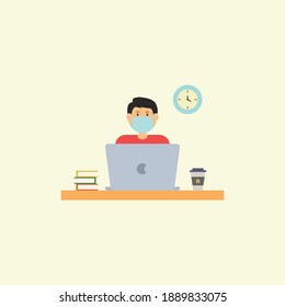 work in a cafe with a face mask according to protocol health, pandemic still work, isolated people work flat design style, people work illustration