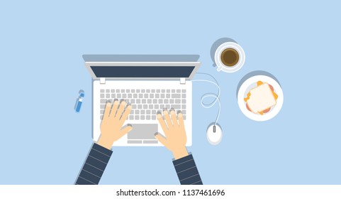 work from cafe with laptop bread and coffee vector