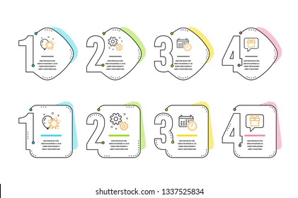 Work, Calendar and Balloon dart icons simple set. Wish list sign. Settings, Time, Attraction park. Present box. Business set. Infographic timeline. Line work icon. 4 options or steps. Vector