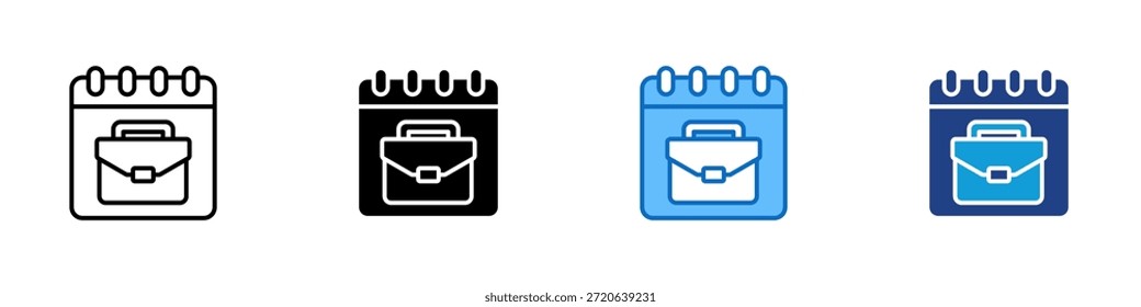 Vector de diseño de varios iconos de estilo - página de calendario con un icono de maletín, que representa la planificación del trabajo, la programación y las citas de negocios