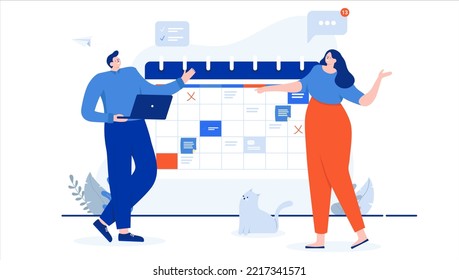 Calendario de trabajo - Dos personas, hombre y mujer con ropa informal planeando trabajo de semana y mes. Concepto de gestión de proyectos. Dibujo vectorial de dibujos animados de diseño plano con fondo blanco