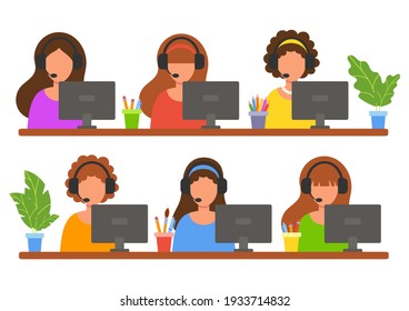 Work in a call center. Online customer service. Helping clients. Concept illustration for support, hotline, telemarketing. Vector in flat style isolated on white background.
