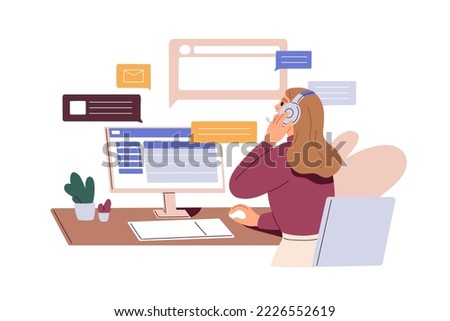 Work in call center, support service, hotline. Operator in headset talking to customers, business clients, helping and consulting online. Flat graphic vector illustration isolated on white background