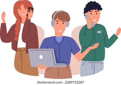 Work calls, assistants, remote consultants, operators at the helpdesk, customer support center, speaking with clients. Flat vector illustration isolated on white background
