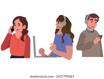 Work calls, business communication concept. Assistants, remote consultants, operators at helpdesk, customer support center, speaking with clients. Flat vector illustration isolated on white background