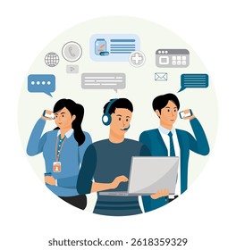 Work calls, business communication concept. Operator and consulting clients online, by phone at customer support service.  Flat vector modern illustration 