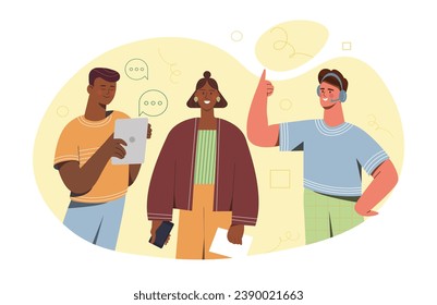 Work calls concept. Men and woman with headphones and tablet. Communication and interaction. Colleagues work at common project. Collaboration and cooperation. Cartoon flat vector illustration