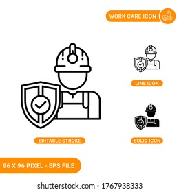 Work care icons set vector illustration with solid icon line style. Safety accident shield concept. Editable stroke icon on isolated background for web design, infographic and UI mobile app.