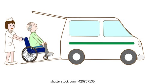 Work of the care. A nurse is going to pick up the elderly person of the wheelchair on the car.