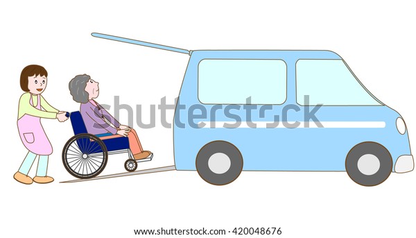 Work of the care. A care\
person is going to pick up the elderly person of the wheelchair on\
the car.