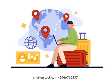 Work and career abroad, global recruitment and distribution program. Tiny man working at laptop, sitting on suitcases near globe with relocation pins on international map cartoon vector illustration