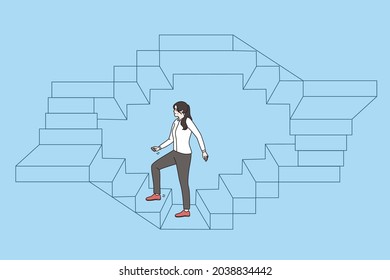 Berufs-, Karriere- und Erfolgskonzept. Junge Geschäftsfrau, die endlose Treppen auf einer kreisförmigen Vektorgrafik auf blauem Hintergrund hochgeht 