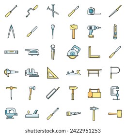 Work carpenter tools icons set. Outline set of work carpenter tools vector icons thin line color flat on white