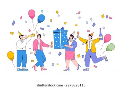 Work celebration concept. Happy people celebrating birthday with confetti, balloons, party hats. Outline design style minimal vector illustration for landing page, infographics, hero images.