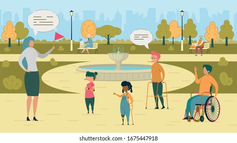 Work with Children with Disability as Vocation. Teacher Walking with Group Disabled Kid Getting About on Crutches or in Wheelchair, Discussing Thing They See in Park, Asking Question and Learning.