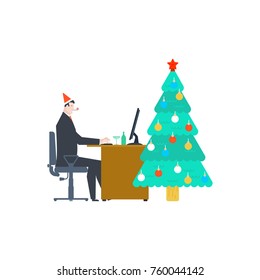 Work for Christmas. Businessman at work and Christmas tree. New Year in office. Vector illustration
