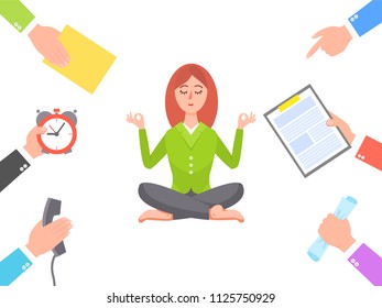 Work circle and meditating young woman poster, vector illustration of hands with documents clock and phone, lotus pose helps to improve mind thinking