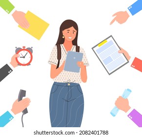 Work circle and working young woman poster. Hands with documents clock and phone, dealing with taks. Multitasking, overload at work, brainstorming concept. Lady surrounded by hands with business items