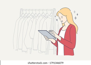 Work, Cloth, Shopping, Fashion, Beauty Concept. Young Happy Smiling Woman Shop Owner Seller Working In Exclusive Fashionable Clothing Boutique Or Store. Commercial Business And Marketing Illustration.