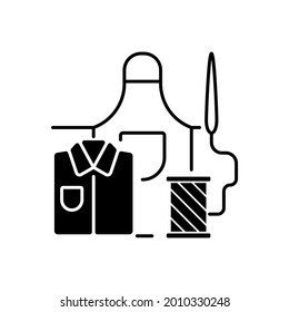 Work clothes repair black linear icon. Sew industrial outfit on manufacture. Needlecraft workshop. Clothing alteration and repair services. Outline symbol on white space. Vector isolated illustration